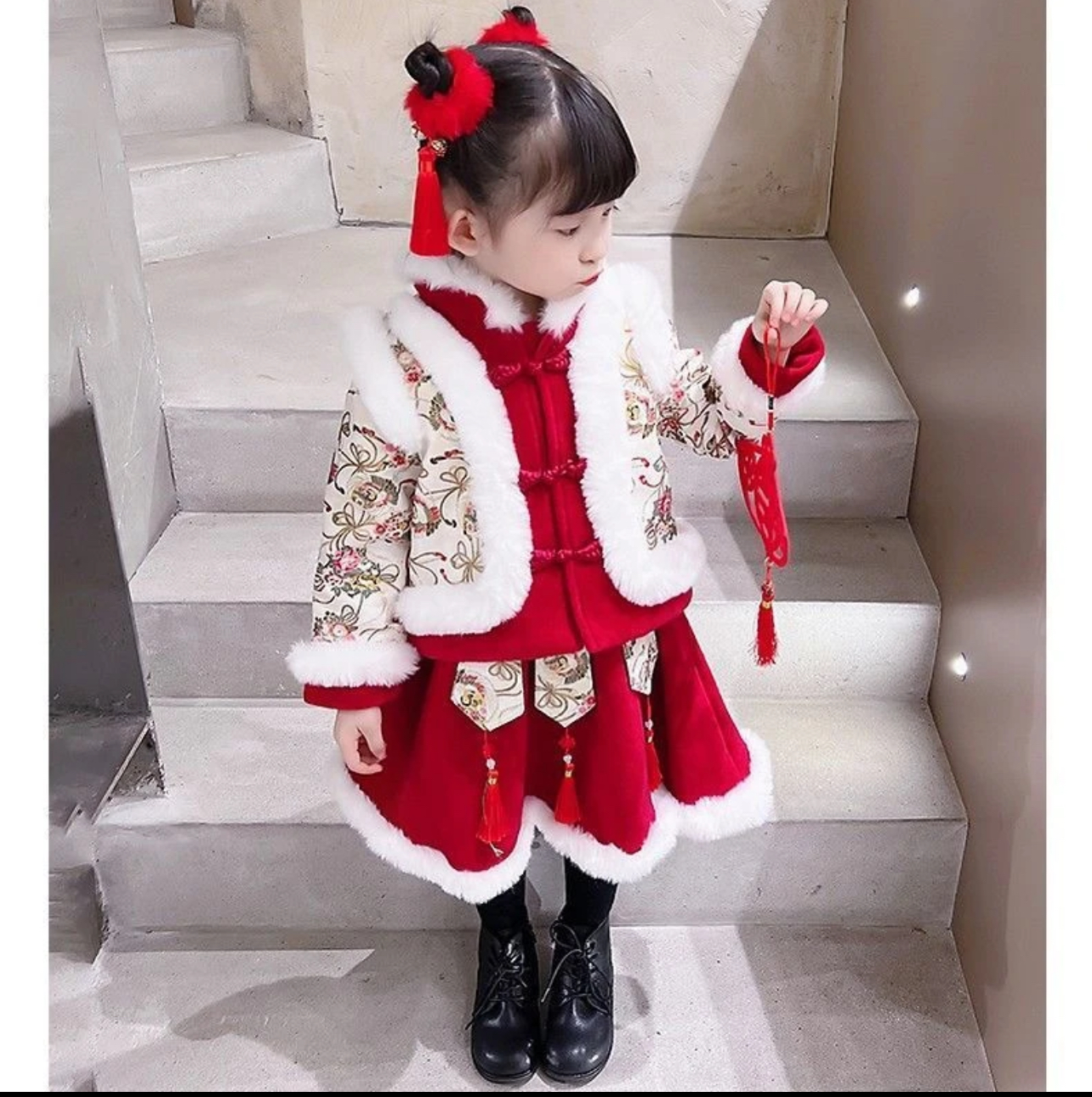 洋气拜年服女童冬季汉服旗袍唐装保暖中国风加绒加厚周岁礼服喜庆