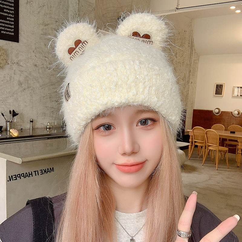 针织帽子女冬天小熊耳朵加绒保暖毛线帽毛茸茸防风寒护耳包头冷帽
