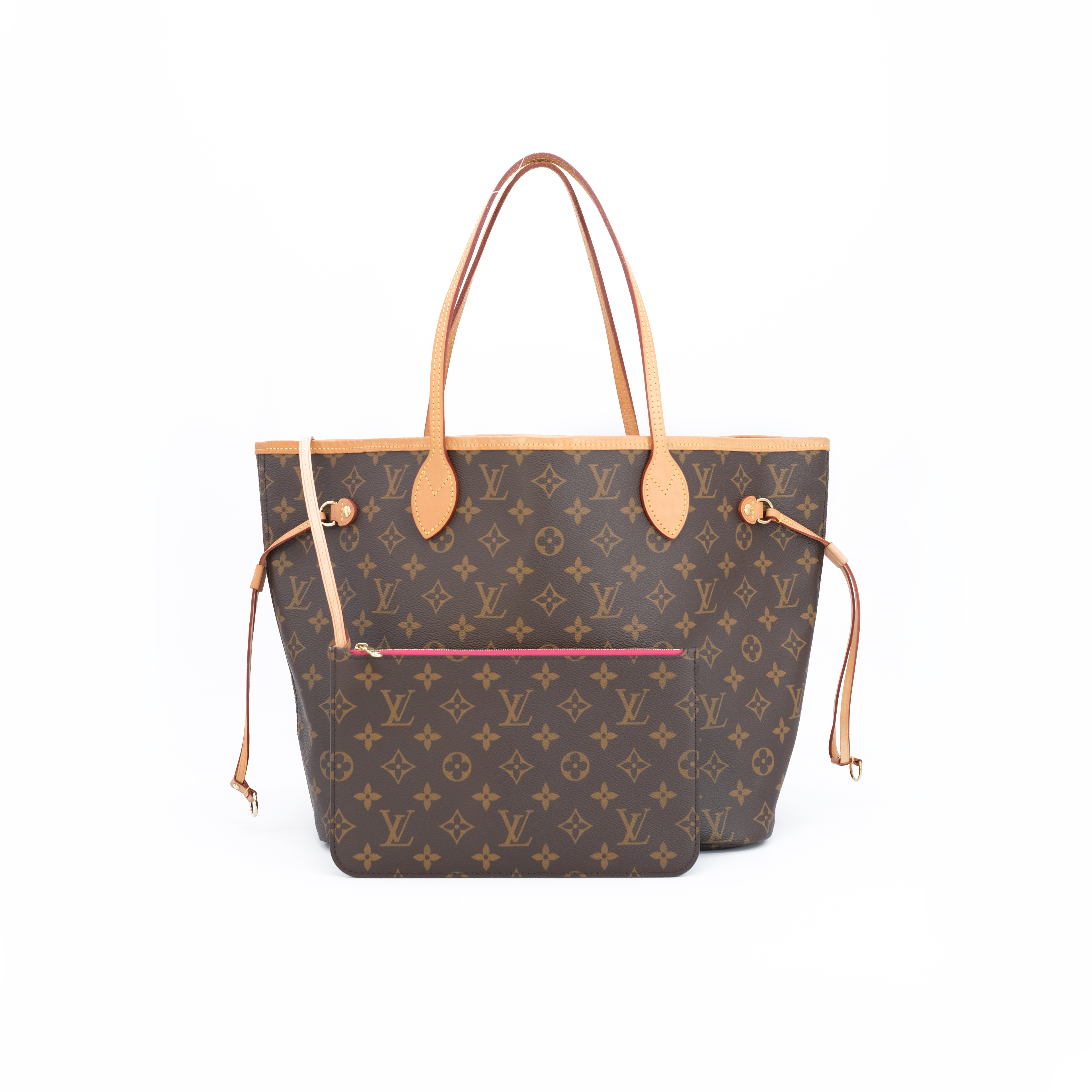 95新  lv neverfull中号全原带子袋玫红内里/经典托特市场价14400