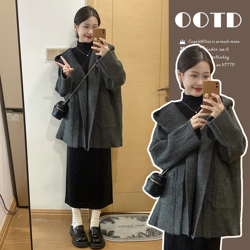 孕妇装春秋新款洋气高级感宽松开衫毛衣两件套孕妇针织连衣裙春装