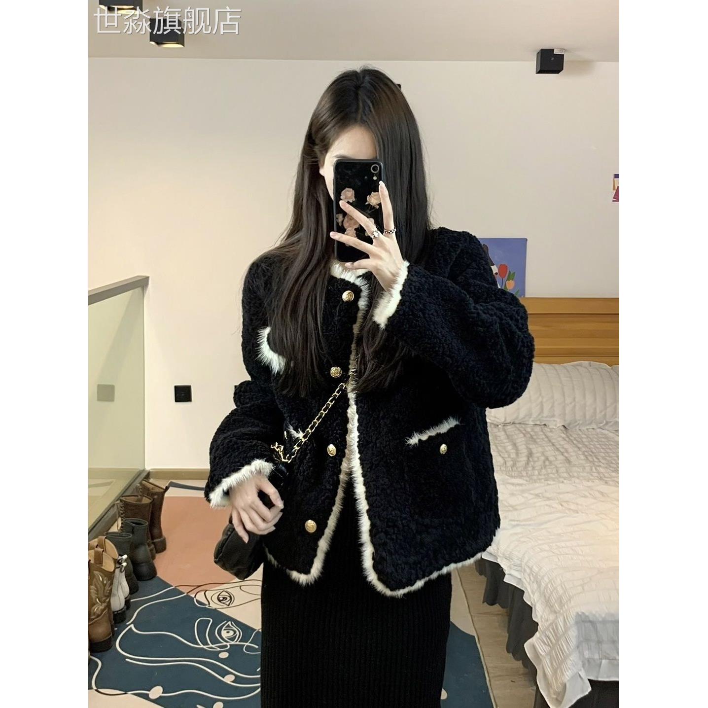 世淼旗舰店小毛冬季香风外套女2023新款小个子法式感加厚毛毛