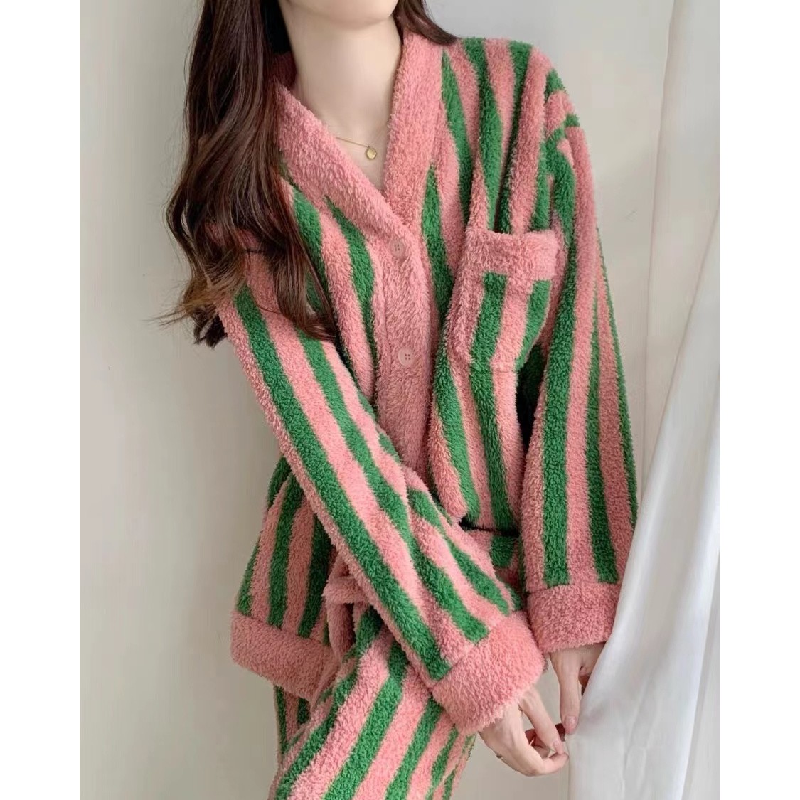 秋冬加绒加厚睡衣女粉色条纹家居服米粒绒套装可外穿