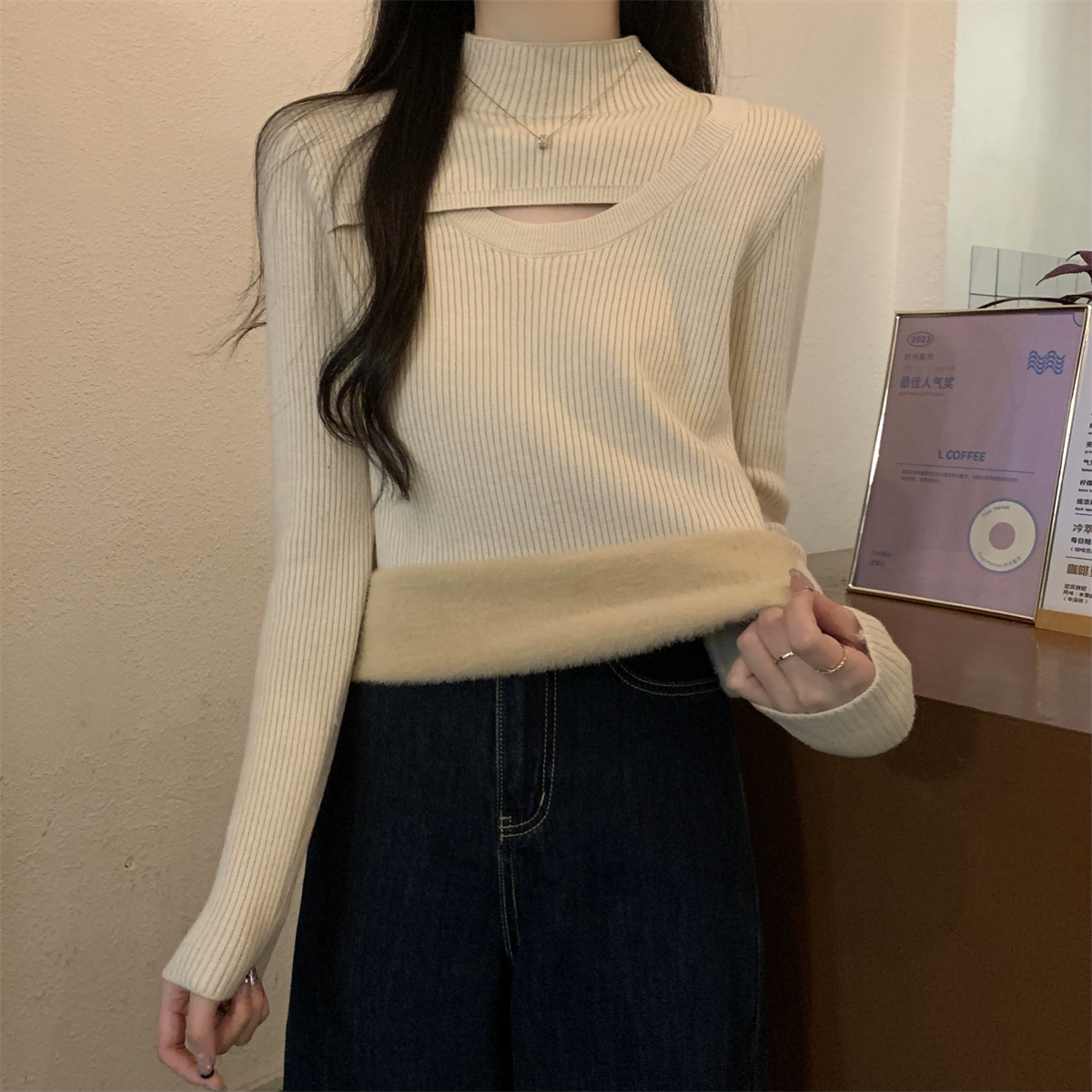 2023秋冬韩版半高领镂空一体绒保暖纯色内搭针织打底衫毛衣4829#