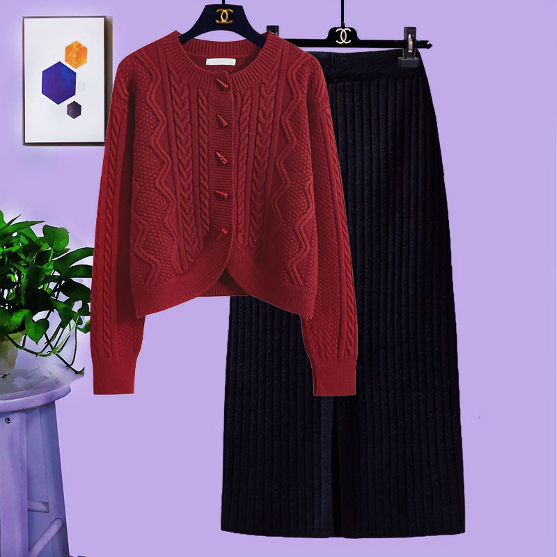 秋冬女套装2023新款韩版宽松慵懒风毛衣开衫显瘦针织半身裙两件套