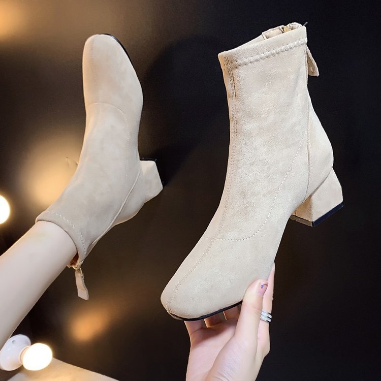 英伦风靴子秋冬绒面短靴女中跟新款加绒瘦瘦方头百搭单马丁靴粗跟