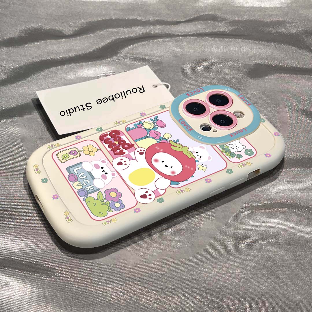花花粉桃兔泡芙壳适用苹果15手机壳iphone13/14promax防摔12/11女