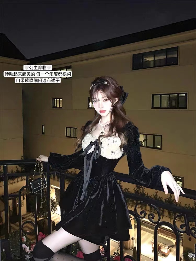 【在逃公主】微胖 mm圣诞战袍双层细闪千金裙a字方领连衣裙秋冬礼裙