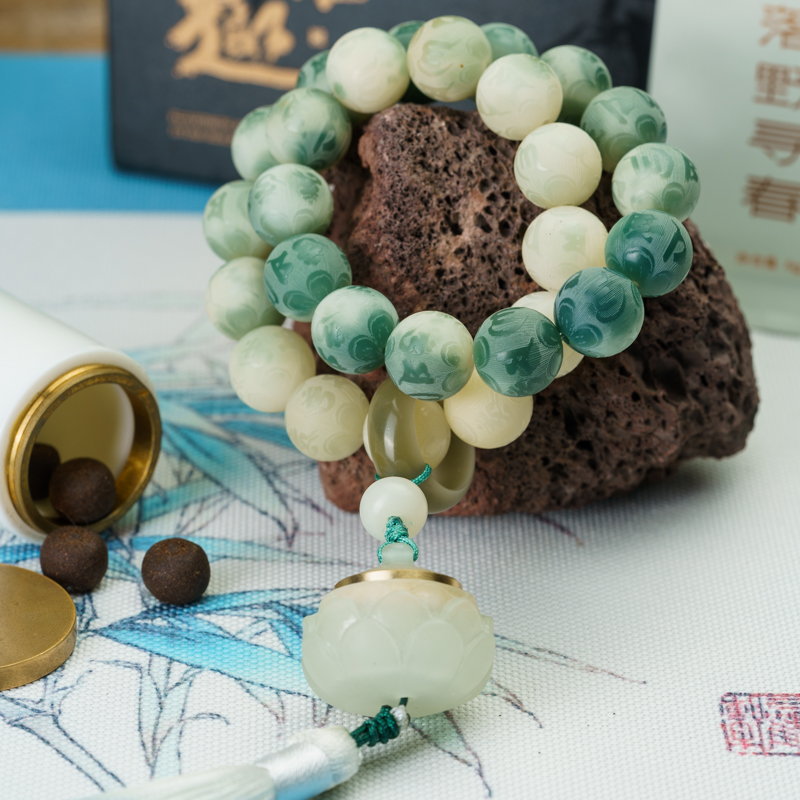 品香盘串|【六字箴言】飘花青白玉菩提莲花香薰炉流苏车挂+蜜丸