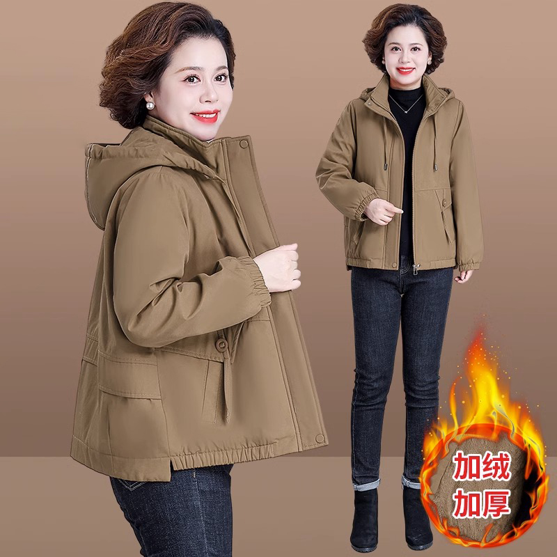 妈妈秋装加绒加厚外套洋气短款2023新款中老年女秋冬装派克服棉衣