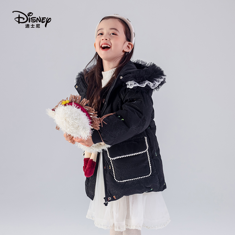Disney/迪士尼加厚保暖90羽绒服连帽蝴蝶结厚中长款外套白鸭绒