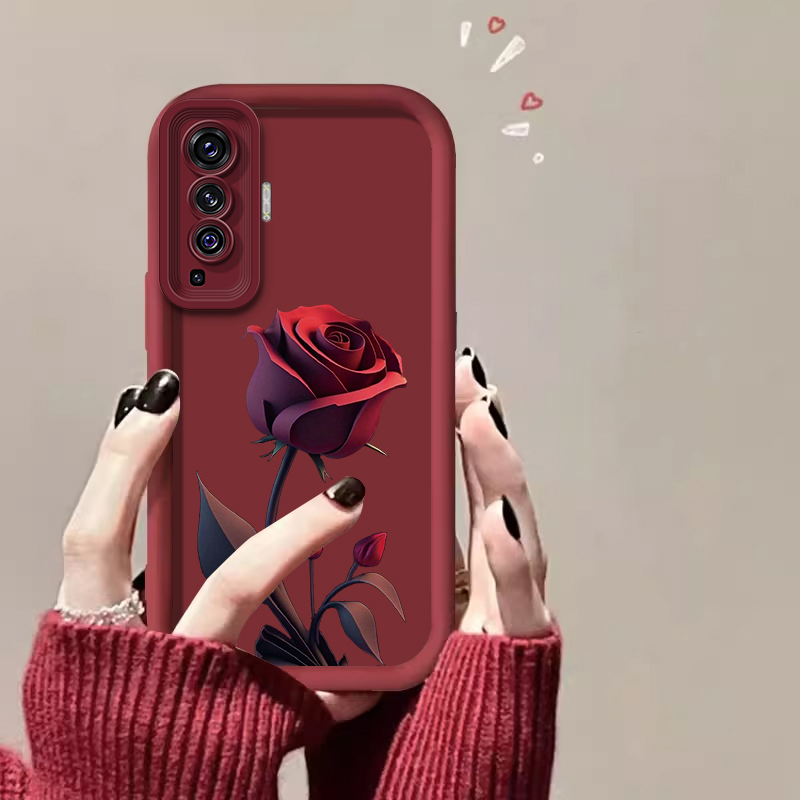适用【vivo X50】一朵暗红玫瑰亲肤硅胶全包摄像头防摔