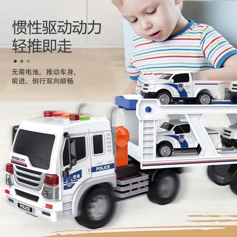 【精选】文艺会讲故事的早教声光惯性运输警察拖车配4小车