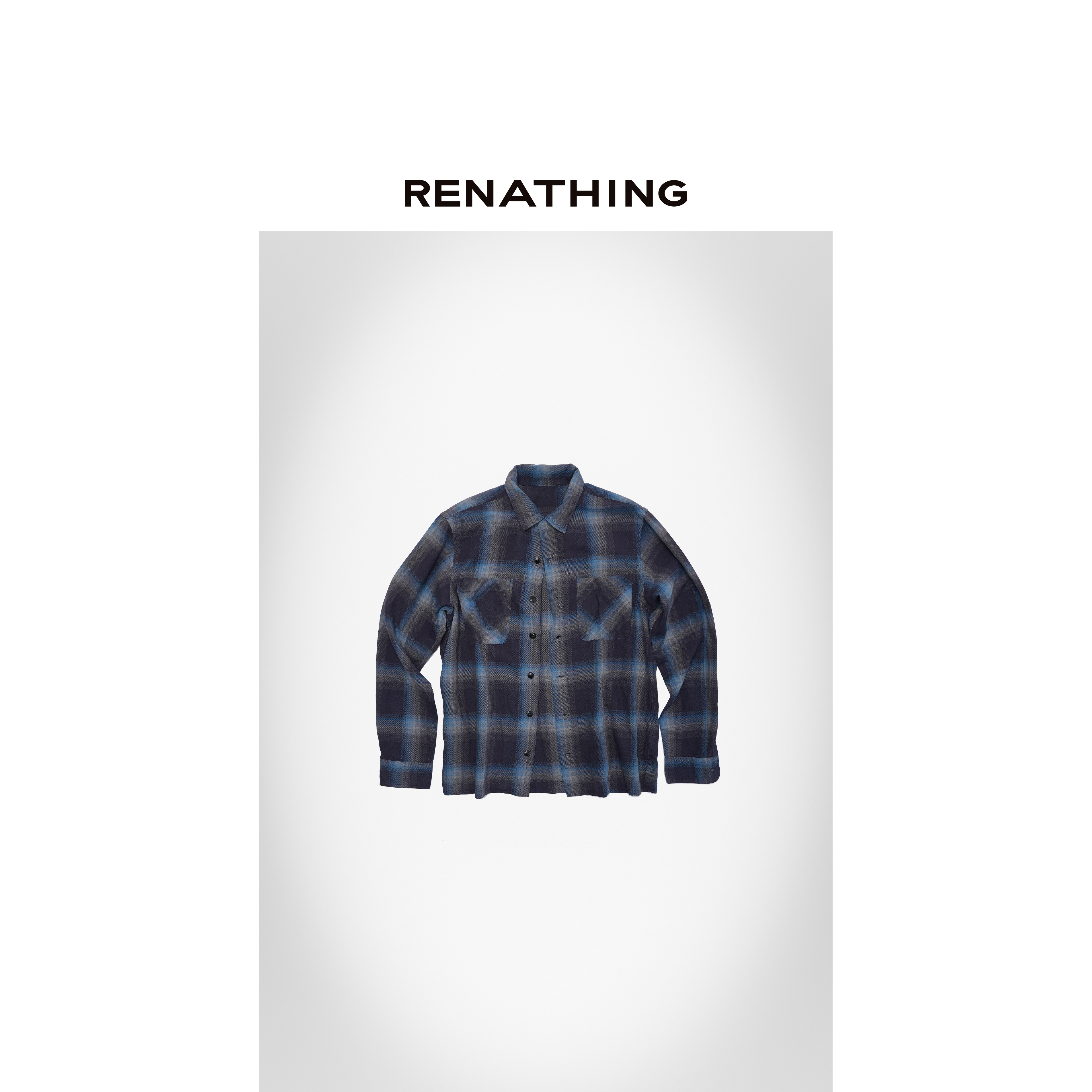 【RENATHING】双袋格纹图案长袖衬衫