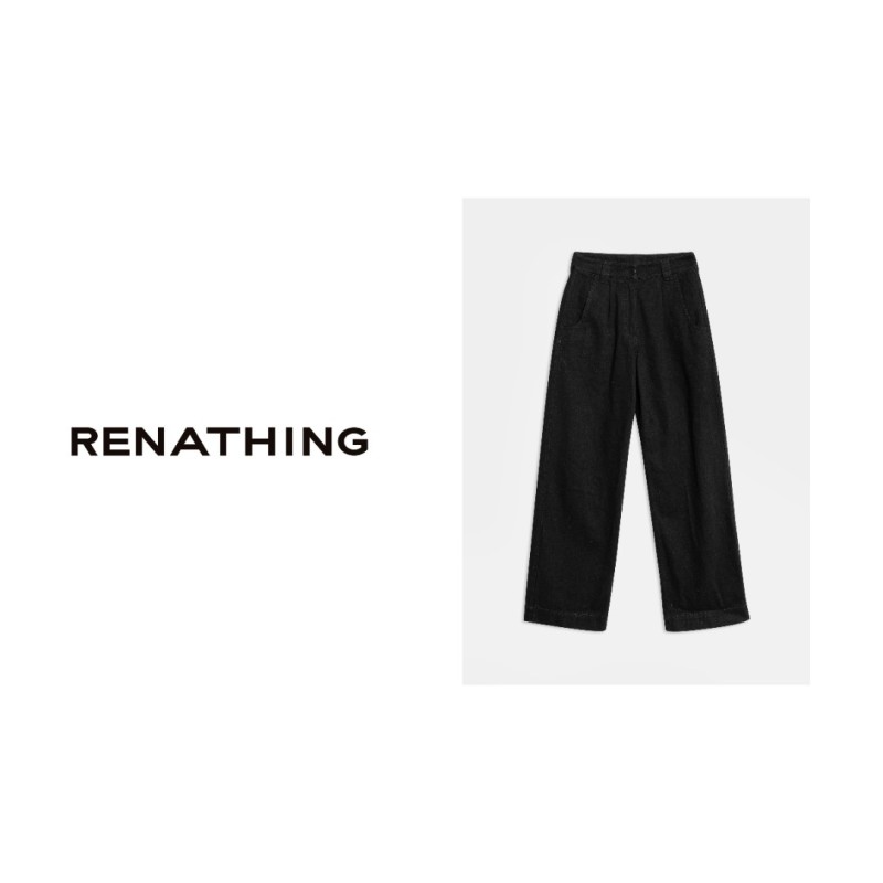 【RENATHING】黑色单褶阔腿休闲裤