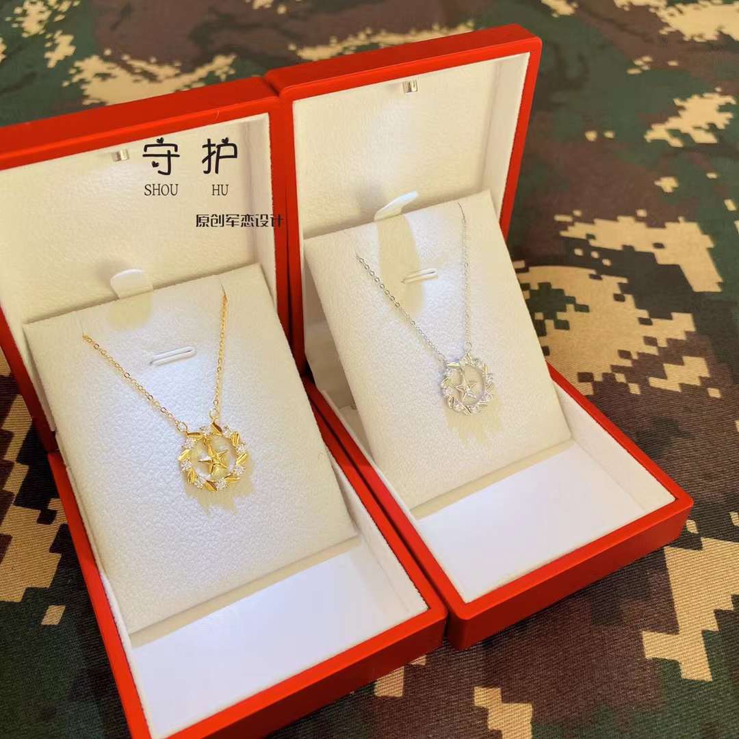 坠链均925银 s925纯银八一领花项链镶钻军恋手链兵哥哥送军嫂礼物