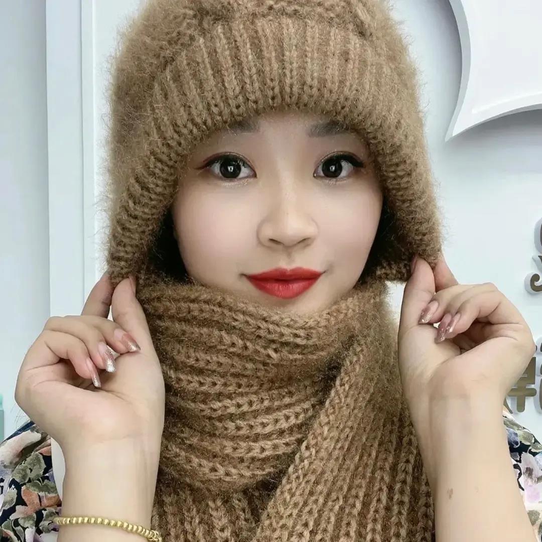 秋冬季加绒毛线帽子女加绒三件一体帽骑车保暖防风雪帽围脖帽针织