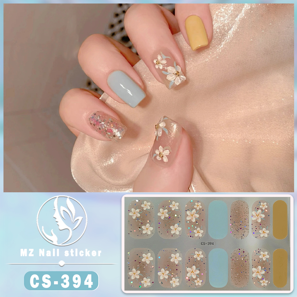 魅指CS394花朵细闪显白防水持久免封层凝胶甲油膜冰透甲指甲贴