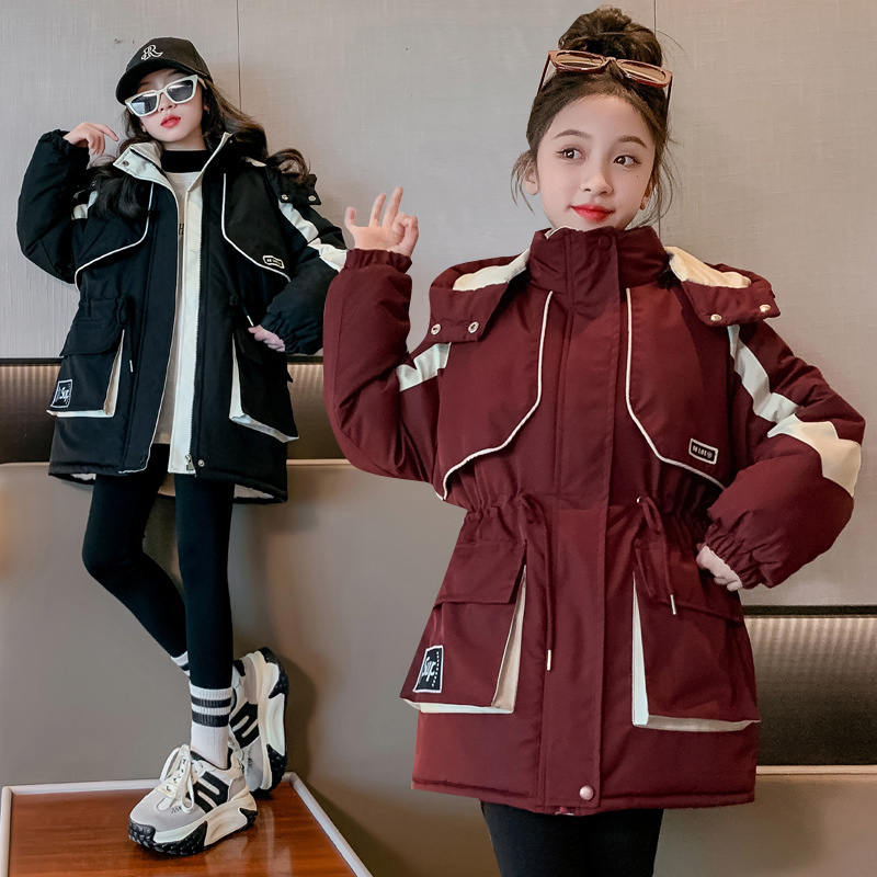 女童中长款派克服2023新款爆款冬装加厚棉服中大童洋气加绒棉衣袄