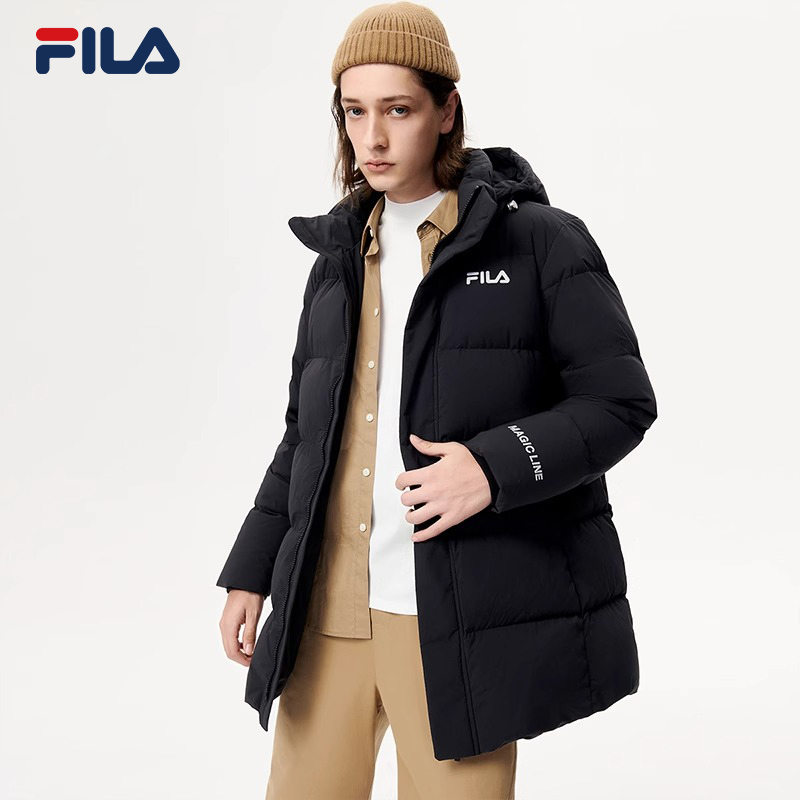 FILA斐乐男款2023冬季中长款休闲羽绒服保暖连帽外套F51M249904A
