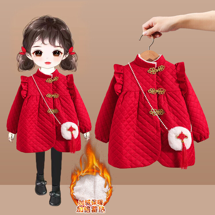 女童秋冬装棉服2023新款加厚绒女洋气红色周岁女孩冬季礼服拜年服