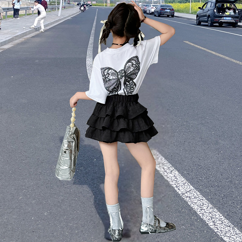 2024夏季新款女童韩版宽松蝴蝶圆领短袖T恤高腰时髦蛋糕裙两件套