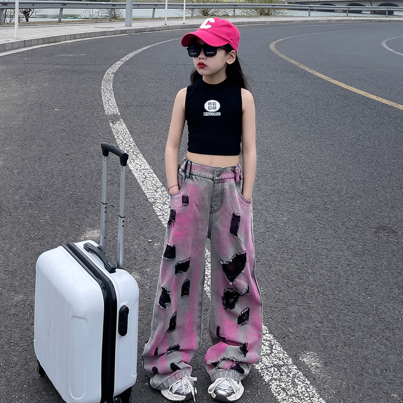 2024春夏新款女童新款酷街潮牌炸街刷漆镂空破洞时尚阔腿牛仔裤潮