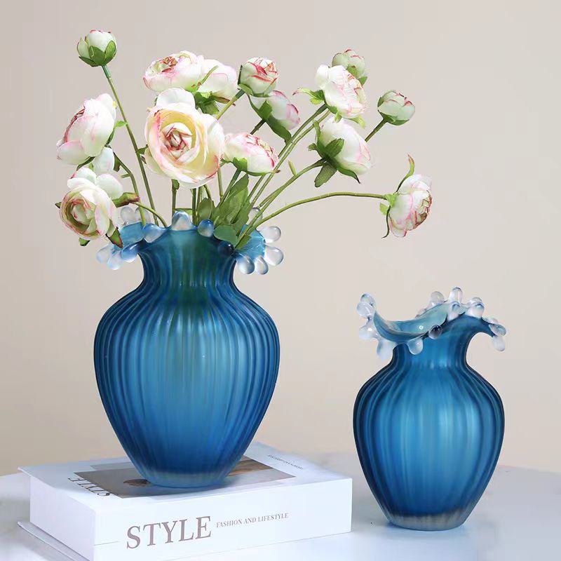 现代北欧水花口蓝色玻璃花瓶家居装饰品摆件插花客厅高档花瓶玻璃