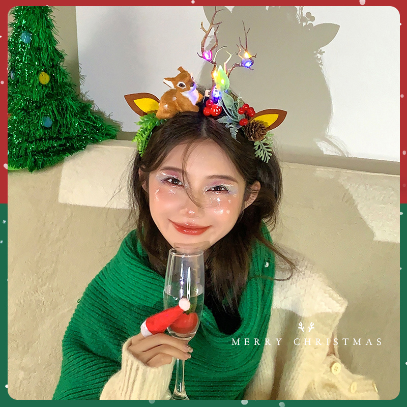 圣诞节粉色鹿耳头饰发光大鹿角发箍树枝发卡女麋鹿头箍配饰发饰品