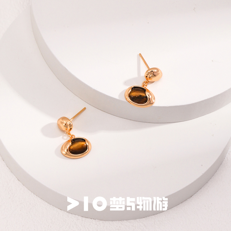 925银耳饰 新茶耳钉气质轻奢复古虎眼耳坠百搭镶嵌个性精致E058