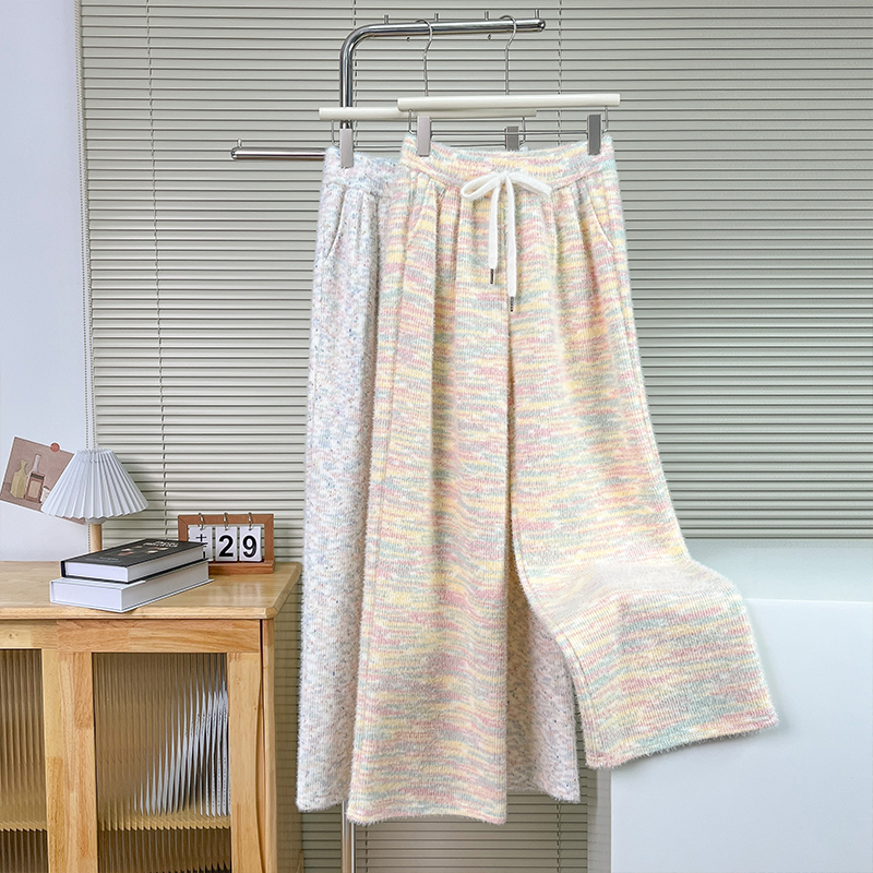 软糯彩虹条糯米裤女秋冬新款加绒加厚高腰宽松直筒垂感休闲阔腿裤