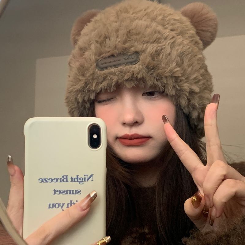 可爱小熊毛绒绒针织毛线帽子女秋冬季加厚保暖仿皮草套头护耳帽棕