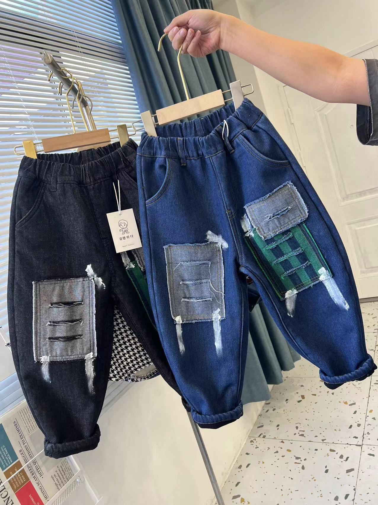 加绒加厚男童新款冬季个性设计牛仔裤时尚潮牌帅气老爹裤HT056