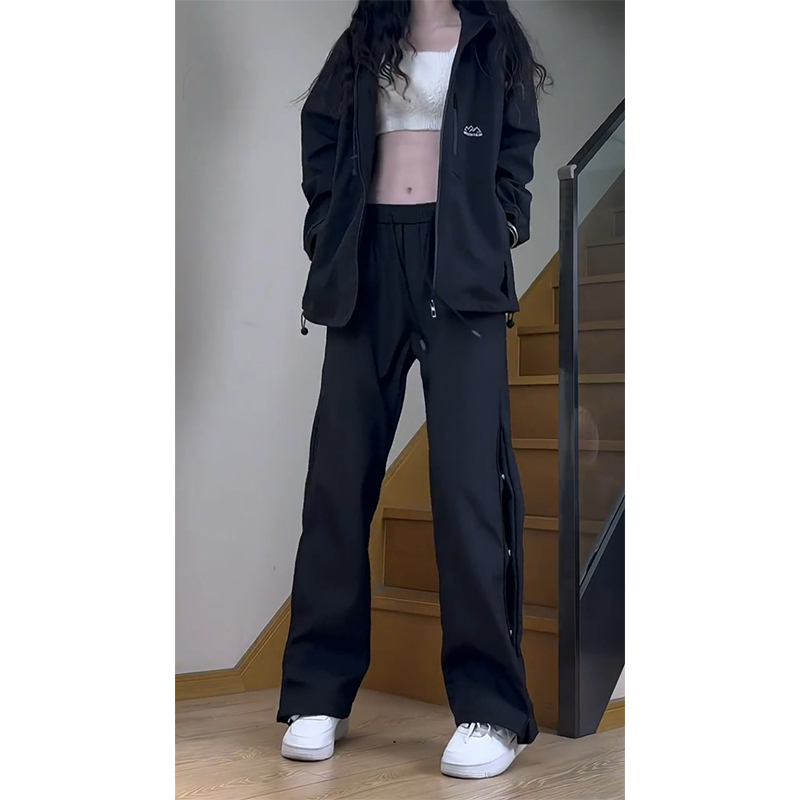 美式黑色排扣加绒冲锋裤女冬季户外防风高腰显瘦外穿阔腿工装裤子