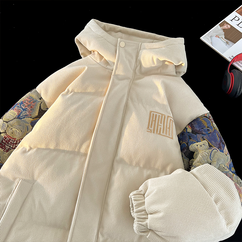 国潮小熊拼接棉服女冬季加厚美式棉袄子oversize连帽宽松情侣棉衣