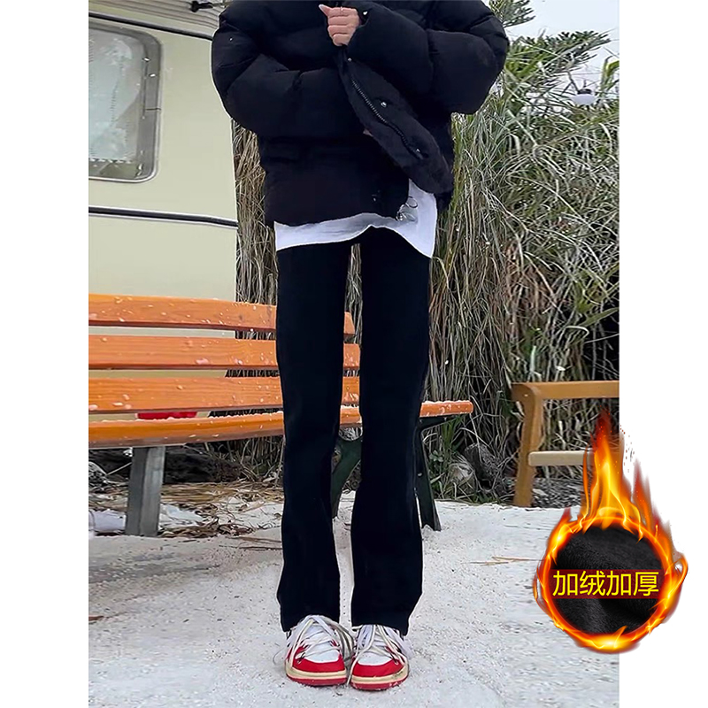 加绒牛仔裤女秋冬宽松直筒修身高腰显瘦阔腿窄版微喇小个子休闲裤