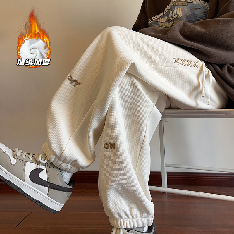 重磅加绒美式束脚运动裤女秋冬宽松刺绣设计感复古休闲哈伦卫裤子