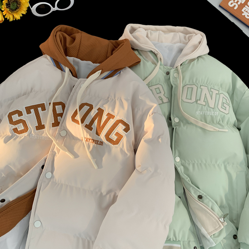 假两件连帽棉衣女冬季刺绣潮牌加绒加厚宽松保暖情侣帅气棉服外套