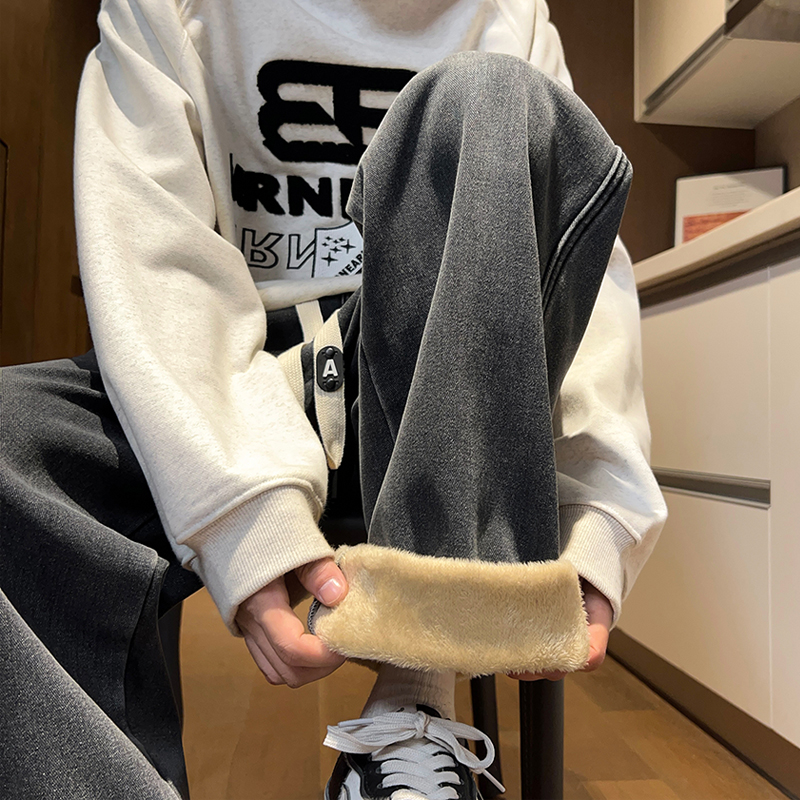 美式加绒烟灰牛仔裤女秋冬宽松直筒松紧腰显瘦小个子阔腿烟管长裤