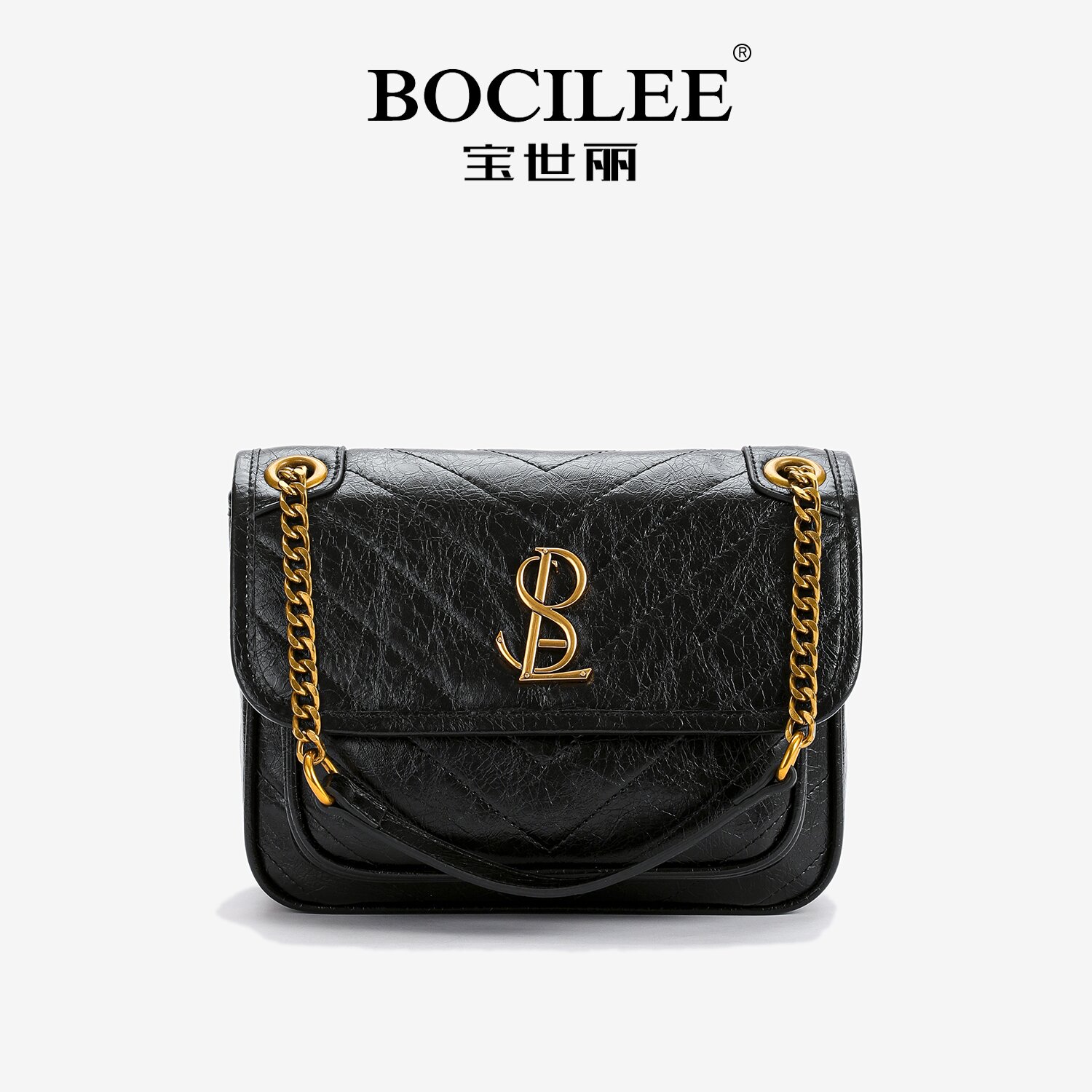 BOCILEE/宝世丽新款经典小香风单肩简约菱格单肩链条包3929黑小NK