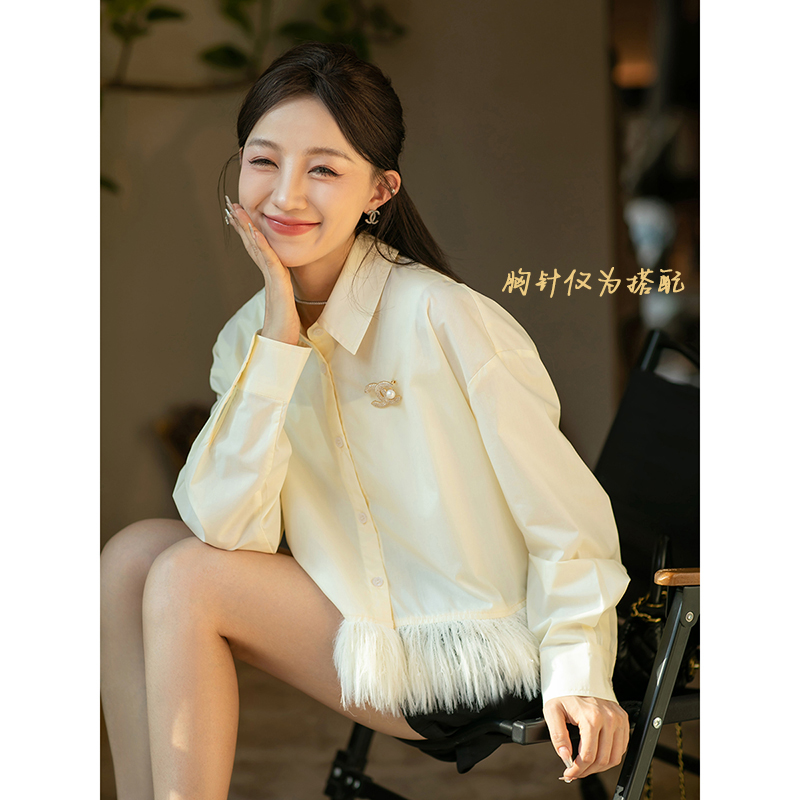 大喜自制#设计感下摆毛毛拼长袖接衬衫23秋季新款小众显瘦上衣女