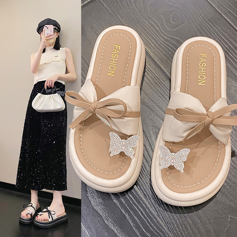 罗马风厚底凉拖鞋女外穿2024夏季新款复古配裙子蝴蝶结套趾一字拖