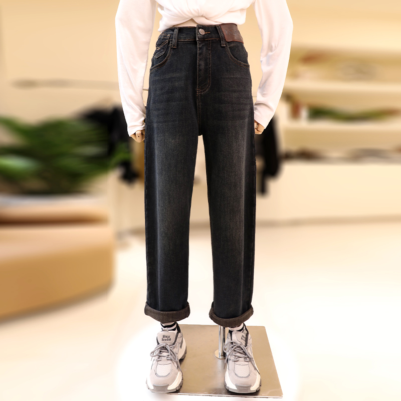 【ZAW】大码胖mm梨型身材加厚加绒老爹牛仔裤宽松直筒显瘦#23692