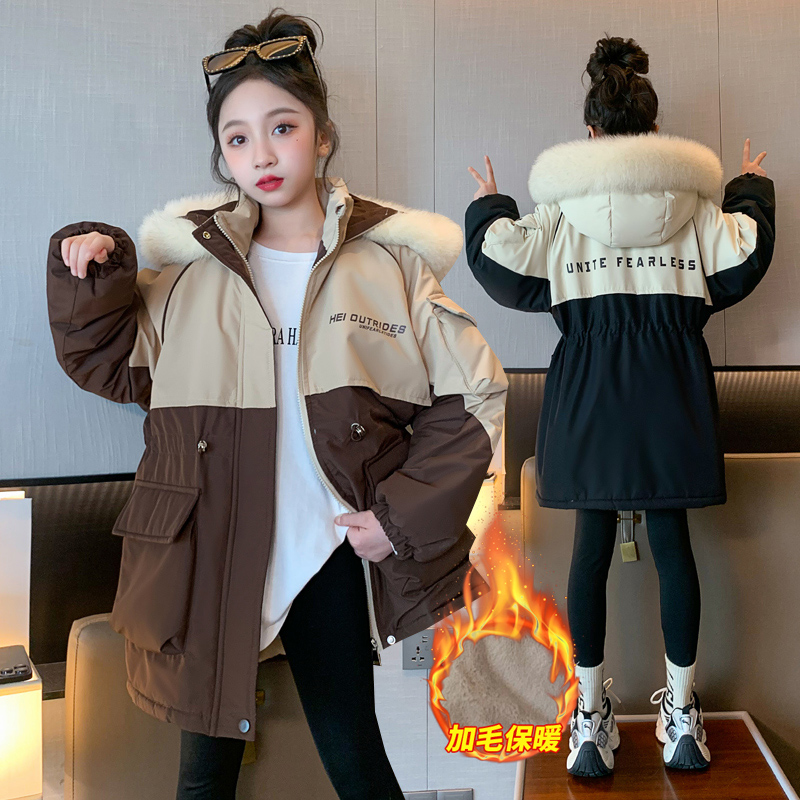 女童加绒外套2023秋冬新款洋气儿童冬装派克服女大童加厚棉衣棉服