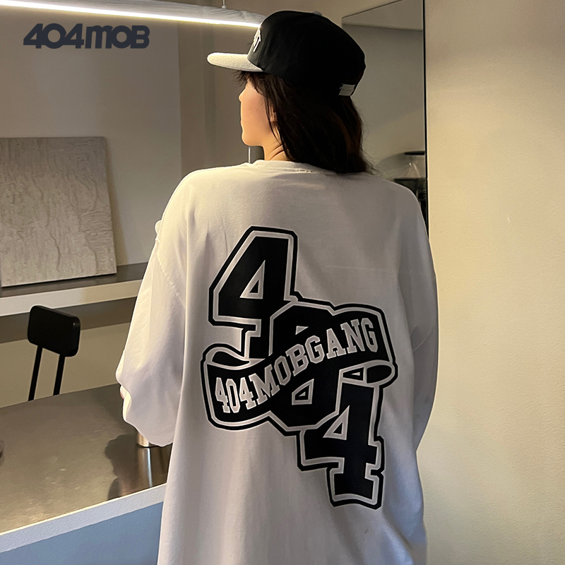 404MOB 创意logo美式潮牌春秋圆领套头宽松男女情侣装基础长袖t恤