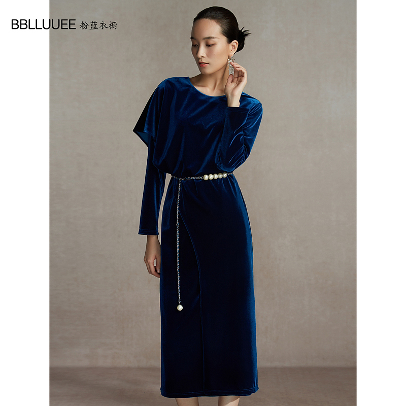 【晨晨精选】粉蓝衣橱东方大女主优雅丝绒不规则拼接片系带裙女