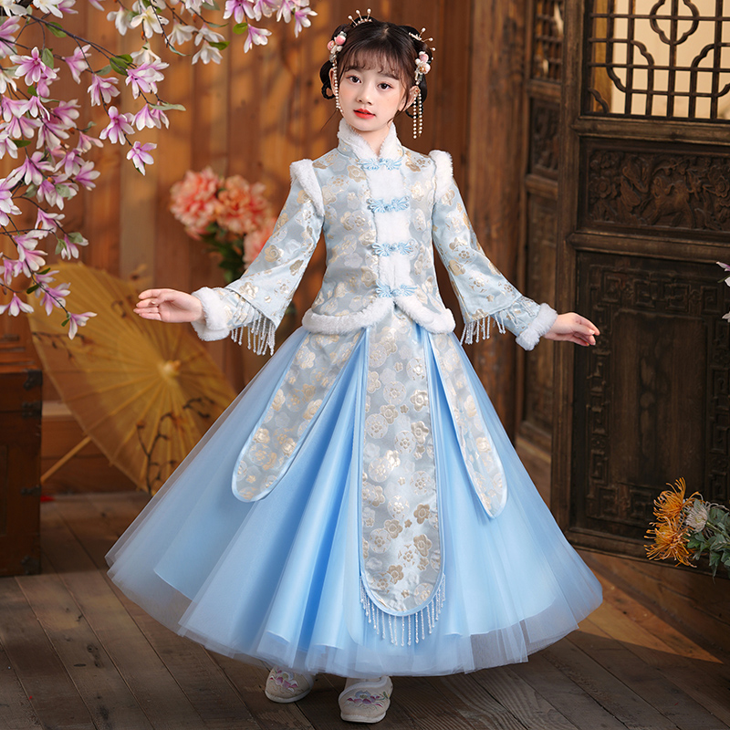 SL2449#女童汉服冬装加绒绣花襦裙儿童拜年服套装中国风唐装古装