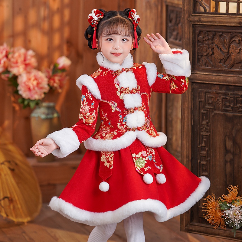 SL2568女童中国风拜年服国风加绒加厚儿童冬季喜庆小女孩汉服新年