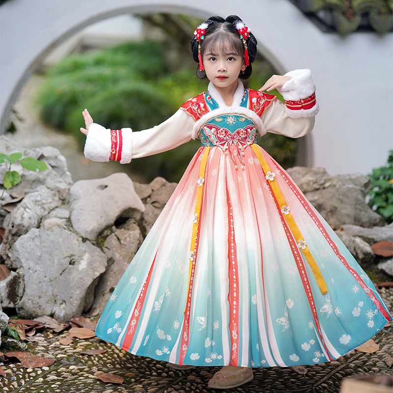 SL2749女童汉服冬装新款女孩连衣裙冬款儿童加厚古装中国风唐装裙