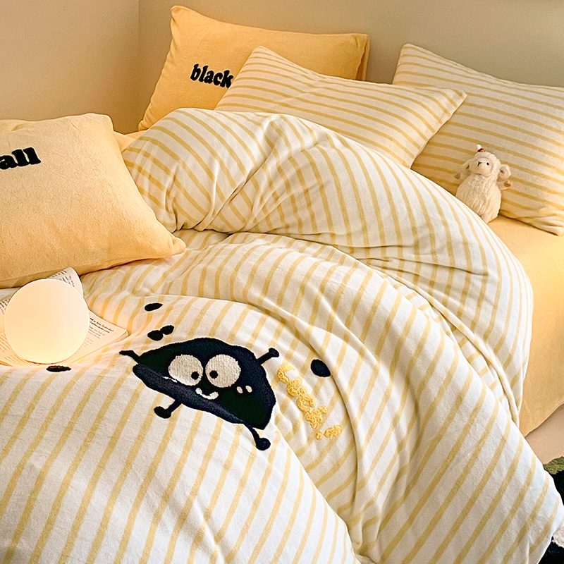 冬季小煤球牛奶绒四件套珊瑚法兰绒被套双面绒床单床上用品三件套