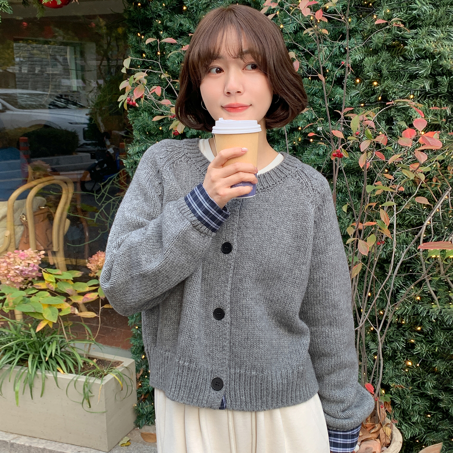 【学院女孩】FS412S113格子拼接毛织开衫